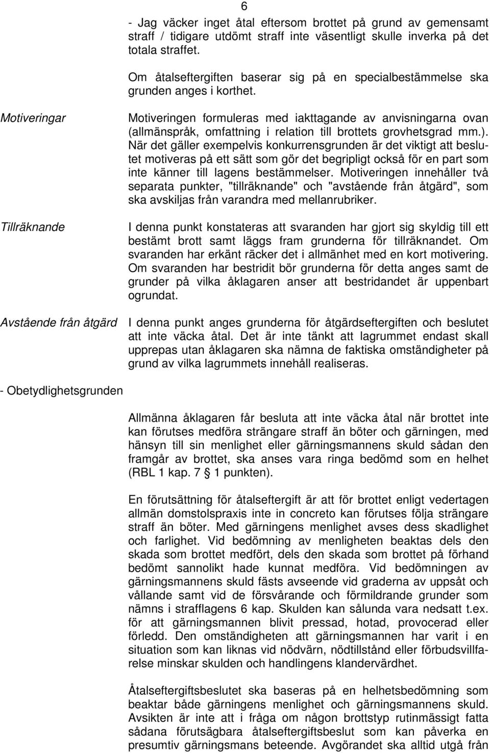 Motiveringar Tillräknande Avstående från åtgärd Motiveringen formuleras med iakttagande av anvisningarna ovan (allmänspråk, omfattning i relation till brottets grovhetsgrad mm.).