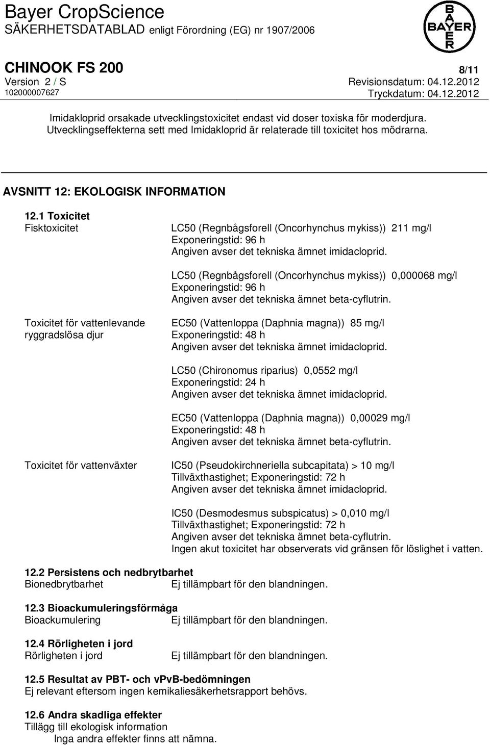 LC50 (Regnbågsforell (Oncorhynchus mykiss)) 0,000068 mg/l Exponeringstid: 96 h Angiven avser det tekniska ämnet beta-cyflutrin.