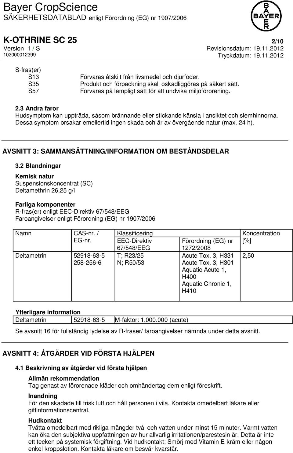 Dessa symptom orsakar emellertid ingen skada och är av övergående natur (max. 24 h). AVSNITT 3: SAMMANSÄTTNING/INFORMATION OM BESTÅNDSDELAR 3.