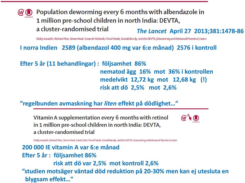 ) risk att dö 2,5% mot 2,6% regelbunden avmaskning har liten effekt på dödlighet 200 000 IE vitamin A var 6:e månad Efter