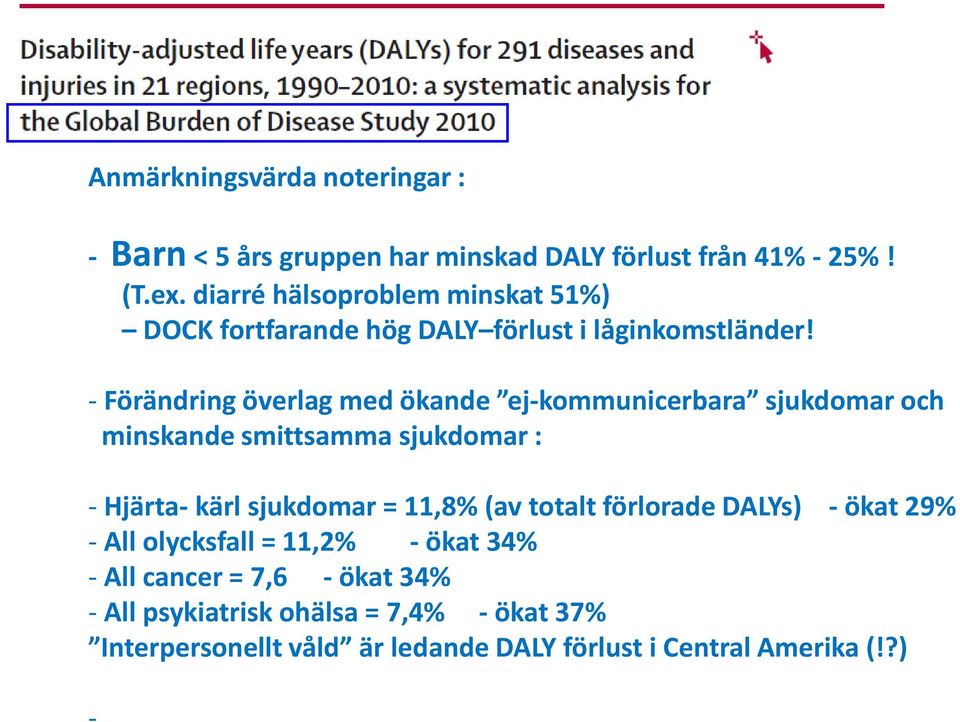 - Förändring överlag med ökande ej-kommunicerbara sjukdomar och minskande smittsamma sjukdomar : - Hjärta- kärl sjukdomar = 11,8% (av