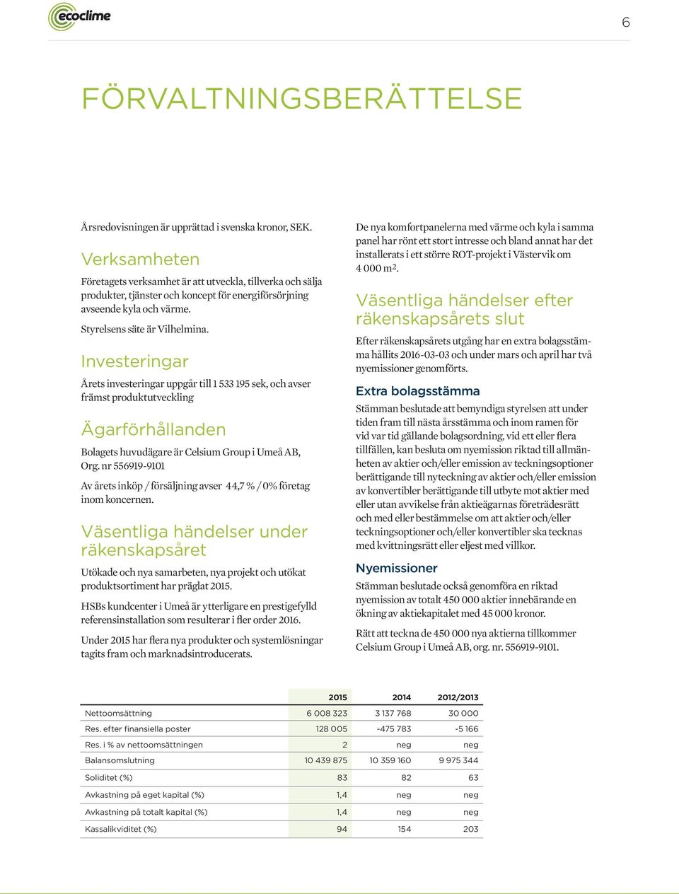 Investeringar Årets investeringar uppgår till 1 533 195 sek, och avser främst produktutveckling Ägarförhållanden Bolagets huvudägare är Celsium Group i Umeå AB, Org.