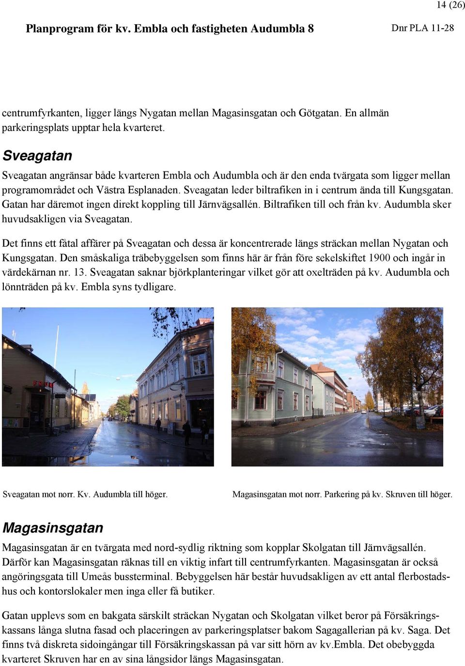 Sveagatan leder biltrafiken in i centrum ända till Kungsgatan. Gatan har däremot ingen direkt koppling till Järnvägsallén. Biltrafiken till och från kv. Audumbla sker huvudsakligen via Sveagatan.