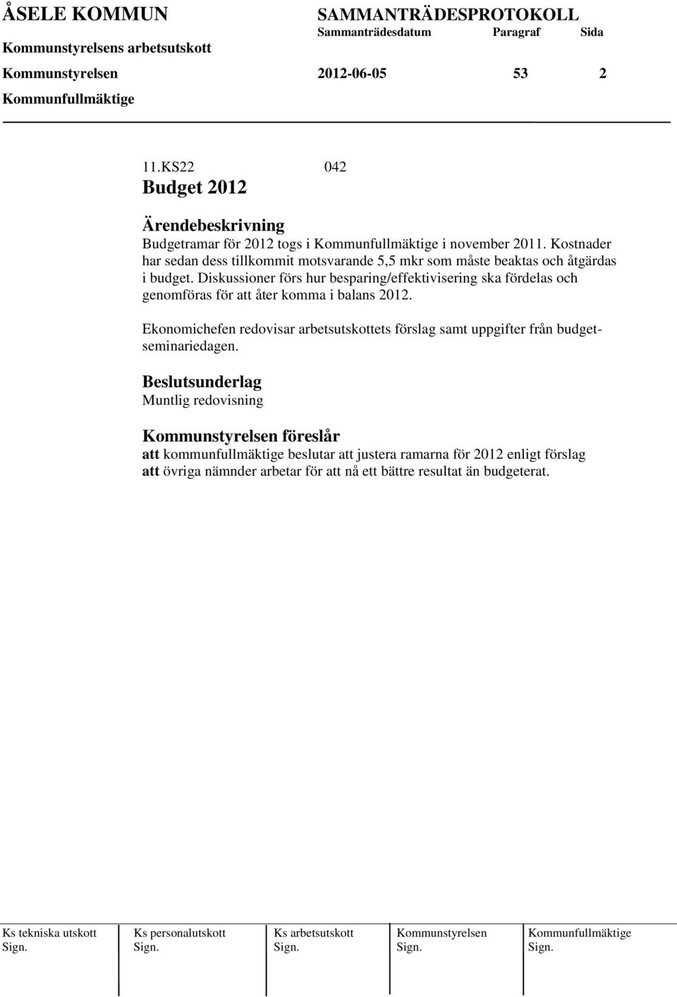 Diskussioner förs hur besparing/effektivisering ska fördelas och genomföras för att åter komma i balans 2012.
