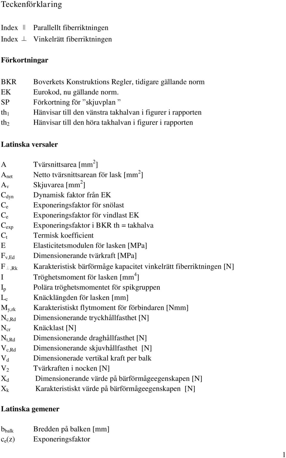 net Netto tvärsnittsarean för lask [mm 2 ] A v Skjuvarea [mm 2 ] C dyn Dynamisk faktor från EK C e Exponeringsfaktor för snölast C e Exponeringsfaktor för vindlast EK C exp Exponeringsfaktor i BKR th