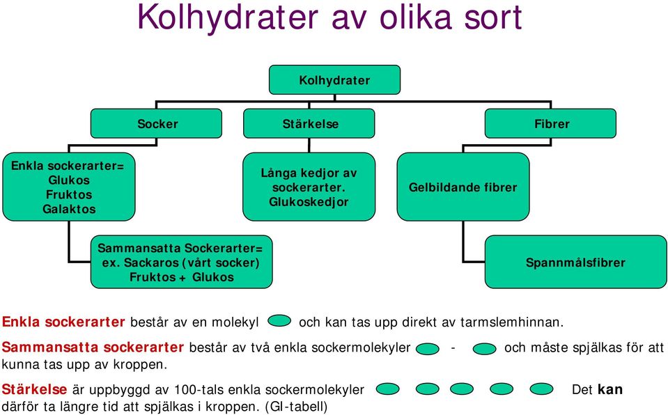 Sackaros (vårt socker) Fruktos + Glukos Spannmålsfibrer Enkla sockerarter består av en molekyl och kan tas upp direkt av tarmslemhinnan.