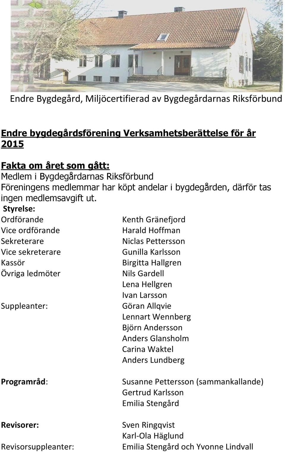 Styrelse: Ordförande Kenth Gränefjord Vice ordförande Harald Hoffman Sekreterare Niclas Pettersson Vice sekreterare Gunilla Karlsson Kassör Övriga ledmöter Suppleanter: Birgitta Hallgren Nils