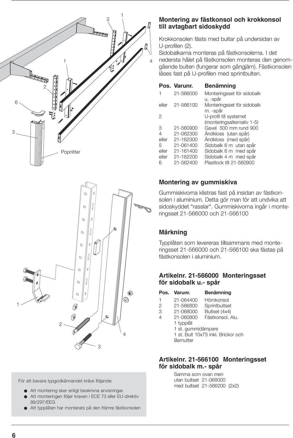 Benämning 6 Popnitter -566000 Monteringsset för sidobalk u. -spår eller -56600 Monteringsset för sidobalk m.