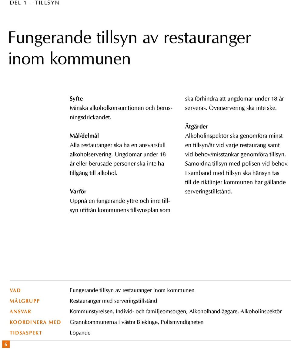 Uppnå en fungerande yttre och inre tillsyn utifrån kommunens tillsynsplan som ska förhindra att ungdomar under 18 år serveras. Överservering ska inte ske.