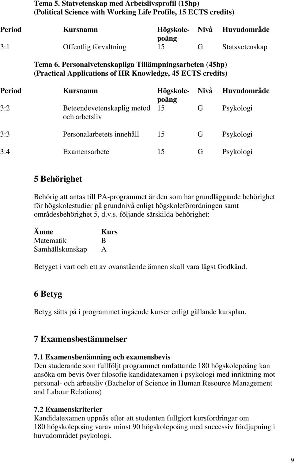 G Psykologi 3:4 Examensarbete 15 G Psykologi 5 Behörighet Behörig att antas till PA-programmet är den som har grundläggande behörighet för högskolestudier på grundnivå enligt högskoleförordningen