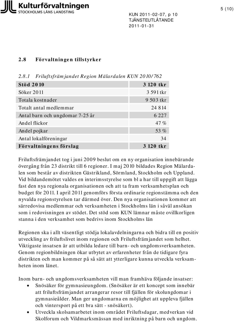 1 Friluftsfrämjandet Region Mälardalen KUN 2010/762 Stöd 2010 Söker 2011 Totala kostnader 3 120 tkr 3 591 tkr 9 503 tkr Totalt antal medlemmar 24 814 Antal barn och ungdomar 7-25 år 6 227 Andel