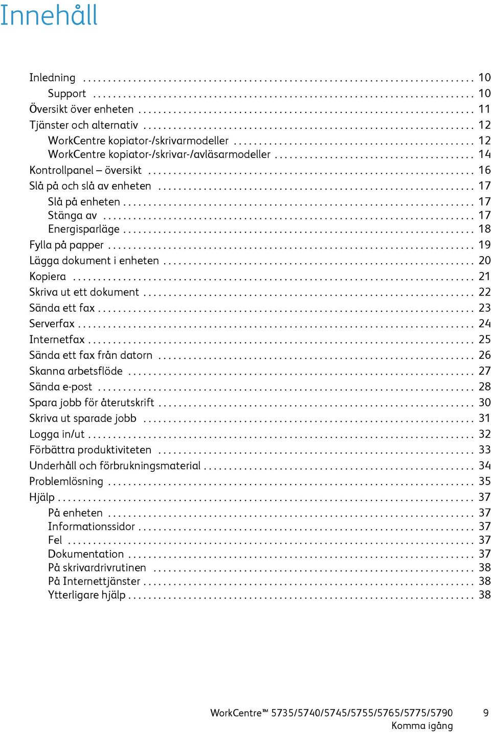 ............................................... 12 WorkCentre kopiator-/skrivar-/avläsarmodeller........................................ 14 Kontrollpanel översikt................................................................. 16 Slå på och slå av enheten.