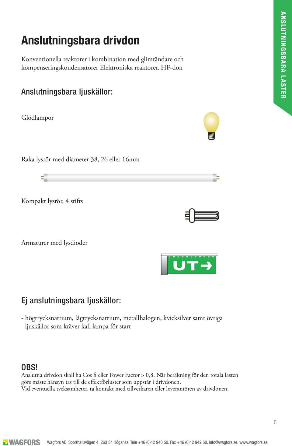 lågtrycksnatrium, metallhalogen, kvicksilver samt övriga ljuskällor som kräver kall lampa för start OBS! Anslutna drivdon skall ha Cos fi eller Power Factor > 0,8.