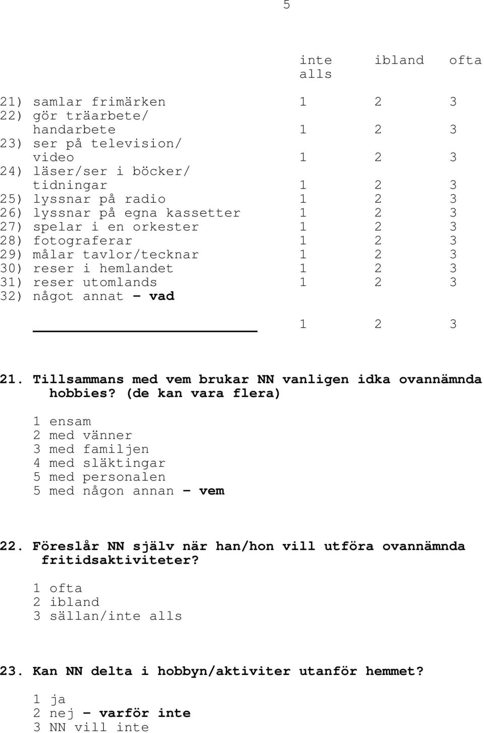 annat vad 1 2 3 21. Tillsammans med vem brukar NN vanligen idka ovannämnda hobbies?