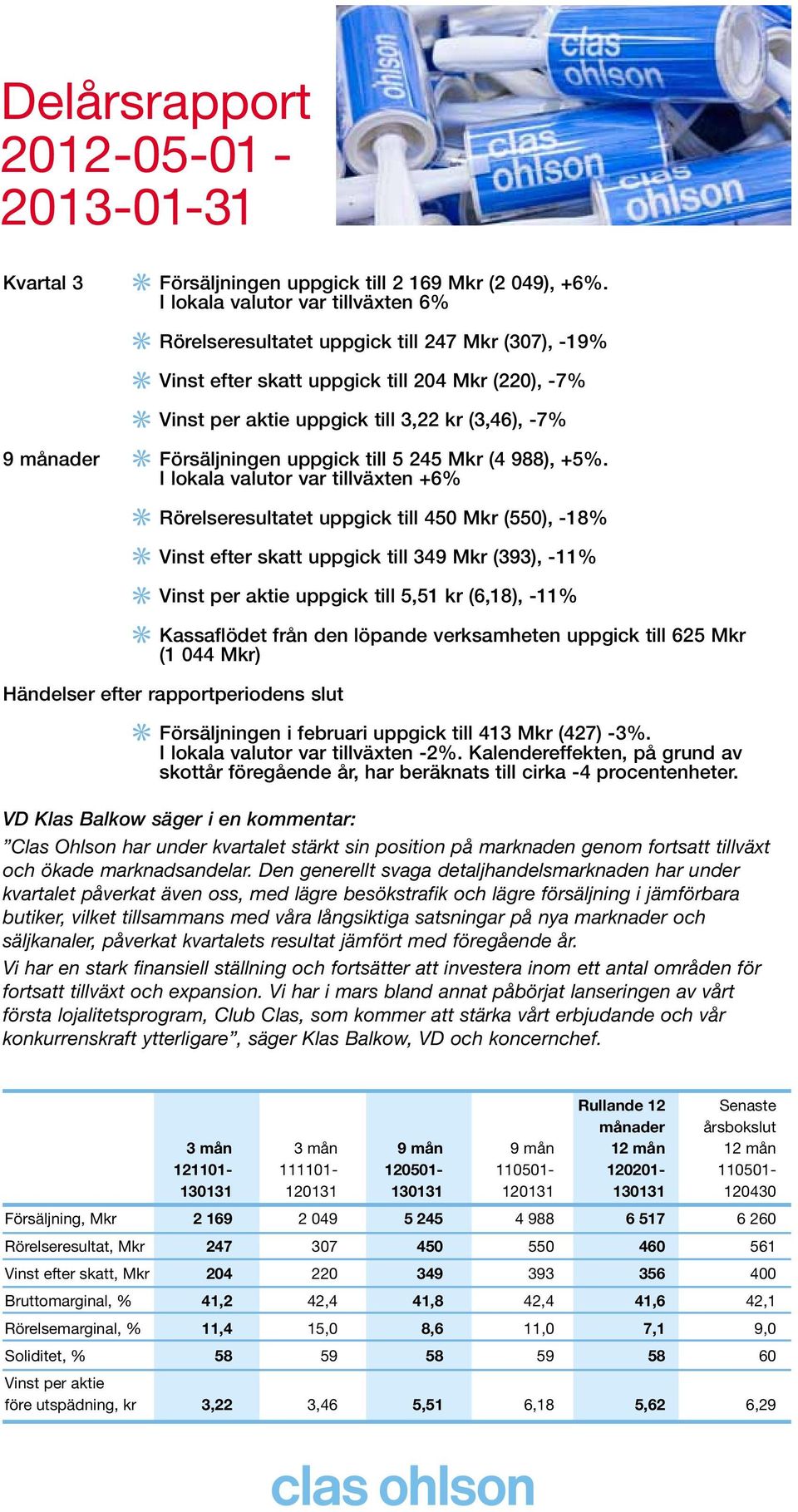 Försäljningen uppgick till 5 245 Mkr (4 988), +5%.