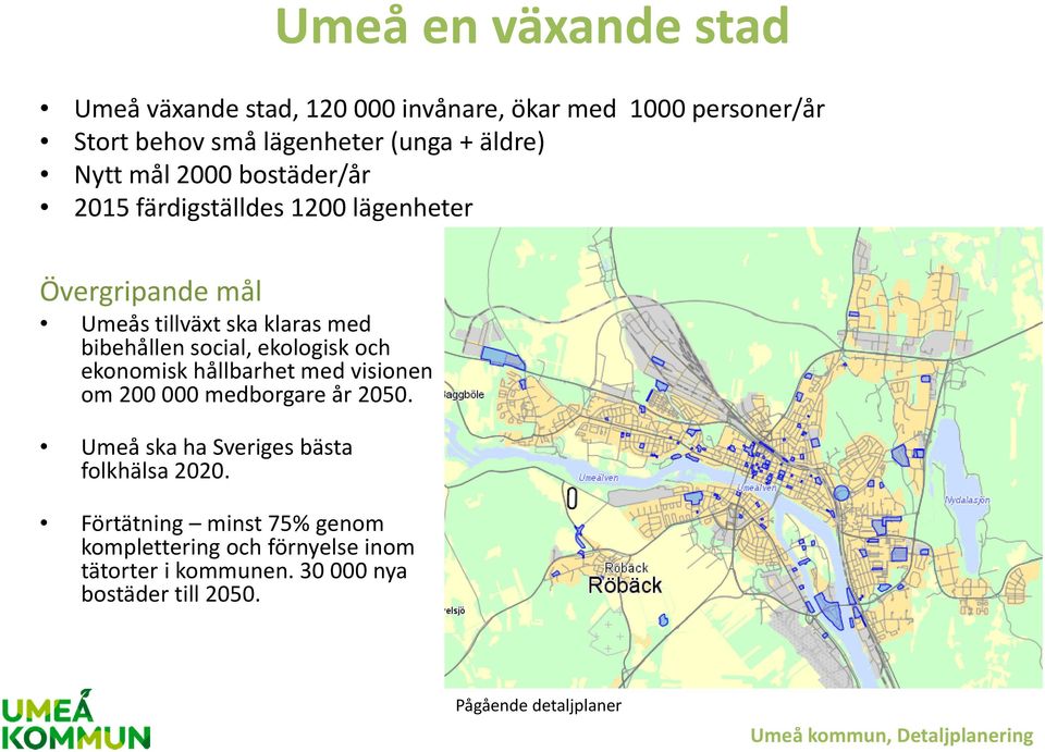 ekologisk och ekonomisk hållbarhet med visionen om 200 000 medborgare år 2050. Umeå ska ha Sveriges bästa folkhälsa 2020.