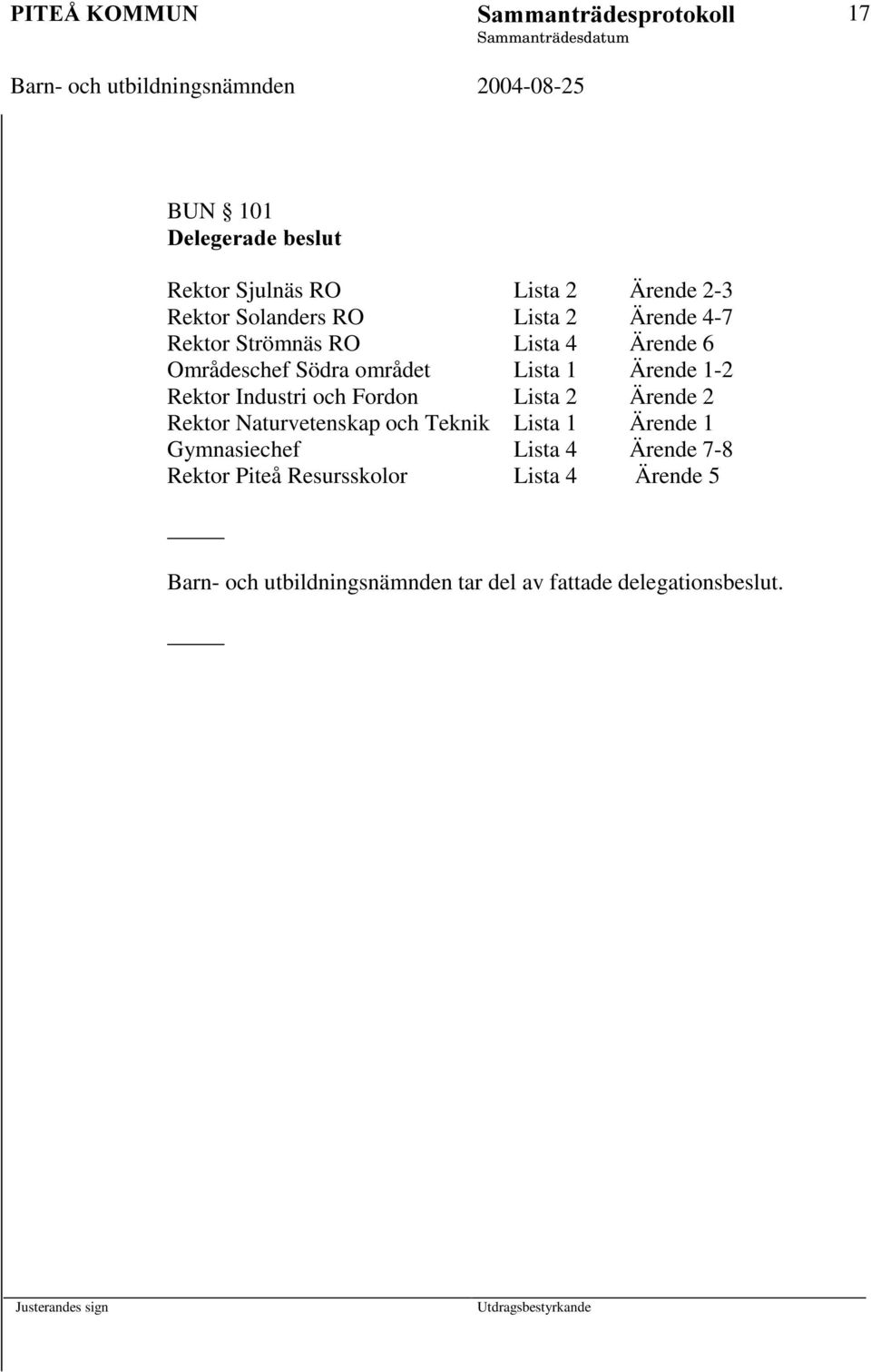 Lista 2 Ärende 4-7 Rektor Strömnäs RO Lista 4 Ärende 6 Områdeschef Södra området Lista 1 Ärende 1-2 Rektor