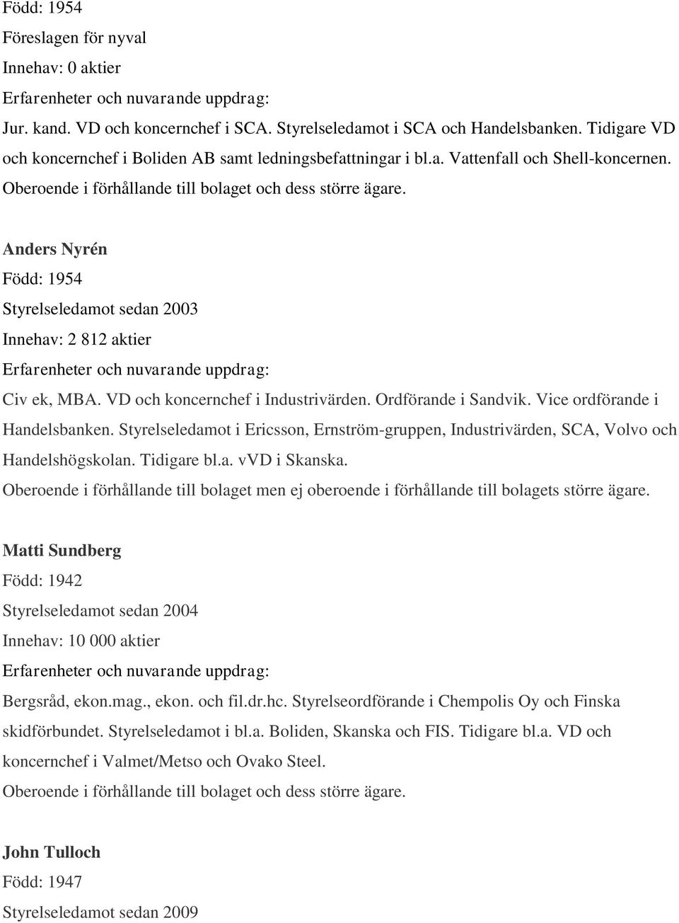 Styrelseledamot i Ericsson, Ernström-gruppen, Industrivärden, SCA, Volvo och Handelshögskolan. Tidigare bl.a. vvd i Skanska.