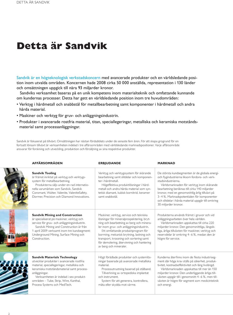 Sandviks verksamhet baseras på en unik kompetens inom materialteknik och omfattande kunnande om kundernas processer.