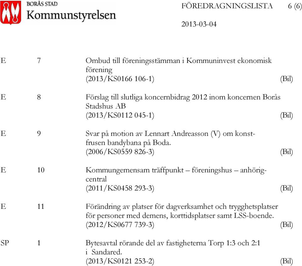 (2006/KS0559 826-3) E 10 Kommungemensam träffpunkt föreningshus anhörigcentral (2011/KS0458 293-3) (Bil) (Bil) E 11 Förändring av platser för dagverksamhet och