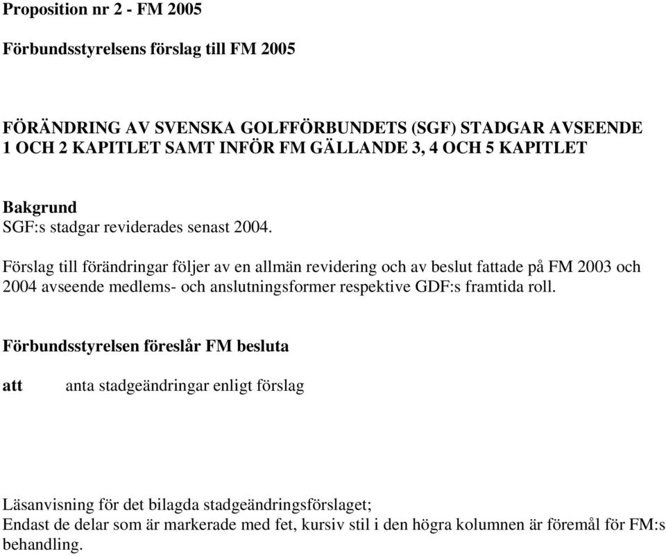 Förslag till förändringar följer av en allmän revidering och av beslut fattade på FM 2003 och 2004 avseende medlems- och anslutningsformer respektive GDF:s