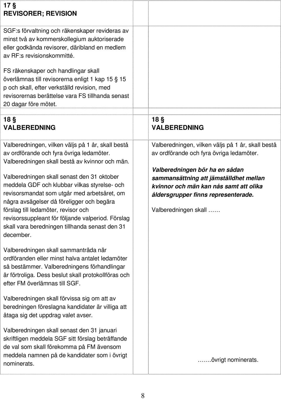 18 VALBEREDNING Valberedningen, vilken väljs på 1 år, skall bestå av ordförande och fyra övriga ledamöter. Valberedningen skall bestå av kvinnor och män.