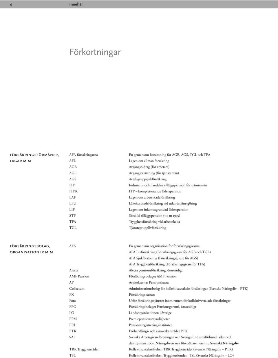 LFU Läkekostnadsförsäkring vid utlandstjänstgöring LIP Lagen om inkomstgrundad ålderspension STP Särskild tilläggspension (t o m 1995) TFA Trygghetsförsäkring vid arbetsskada TGL