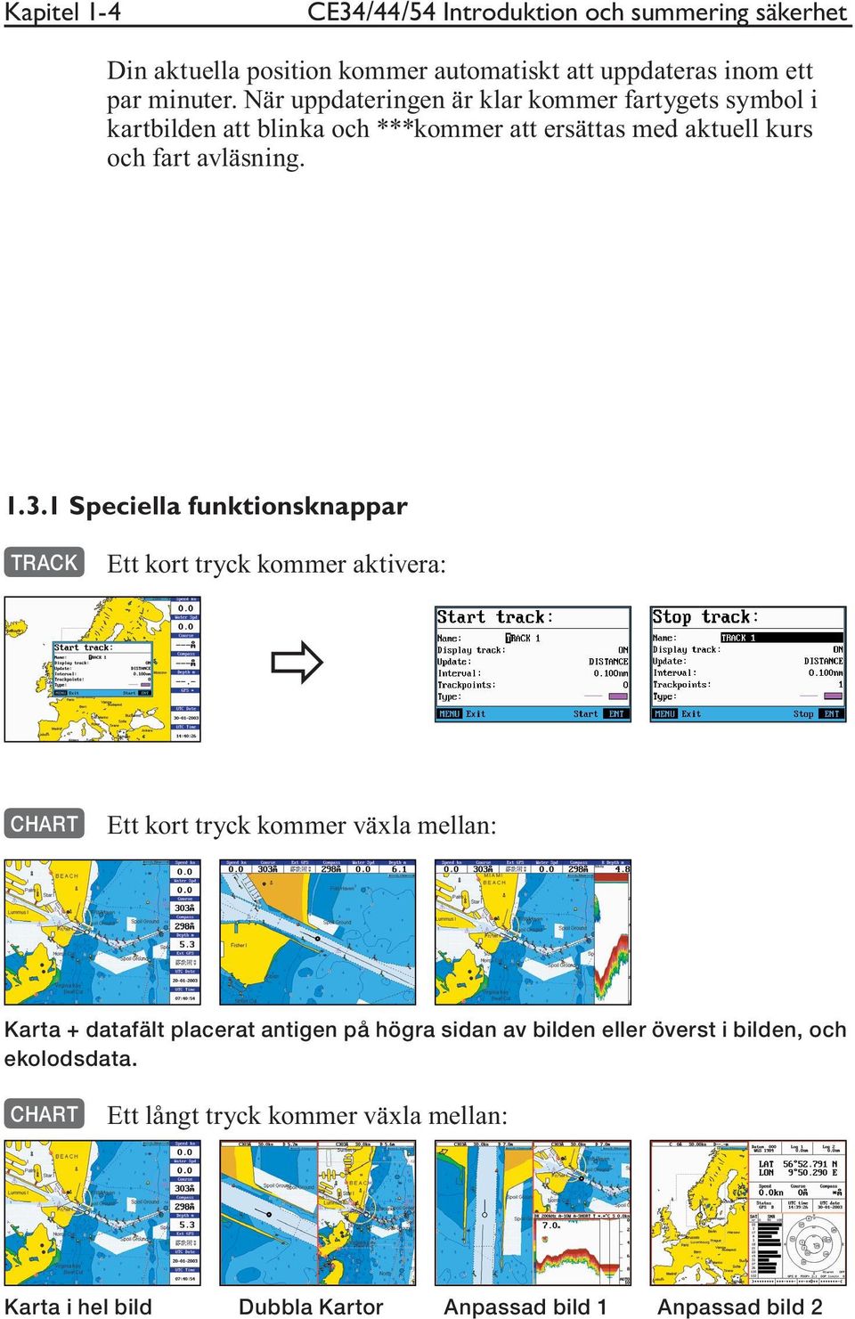 1 Speciella funktionsknappar TRACK Ett kort tryck kommer aktivera: CHART Ett kort tryck kommer växla mellan: Karta + datafält placerat antigen på