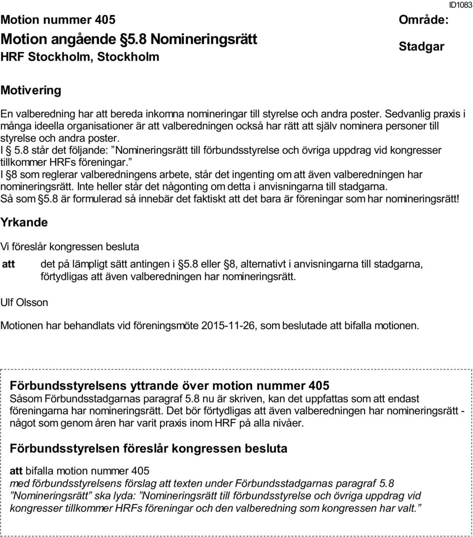 8 står det följande: Nomineringsrätt till förbundsstyrelse och övriga uppdrag vid kongresser tillkommer HRFs föreningar.