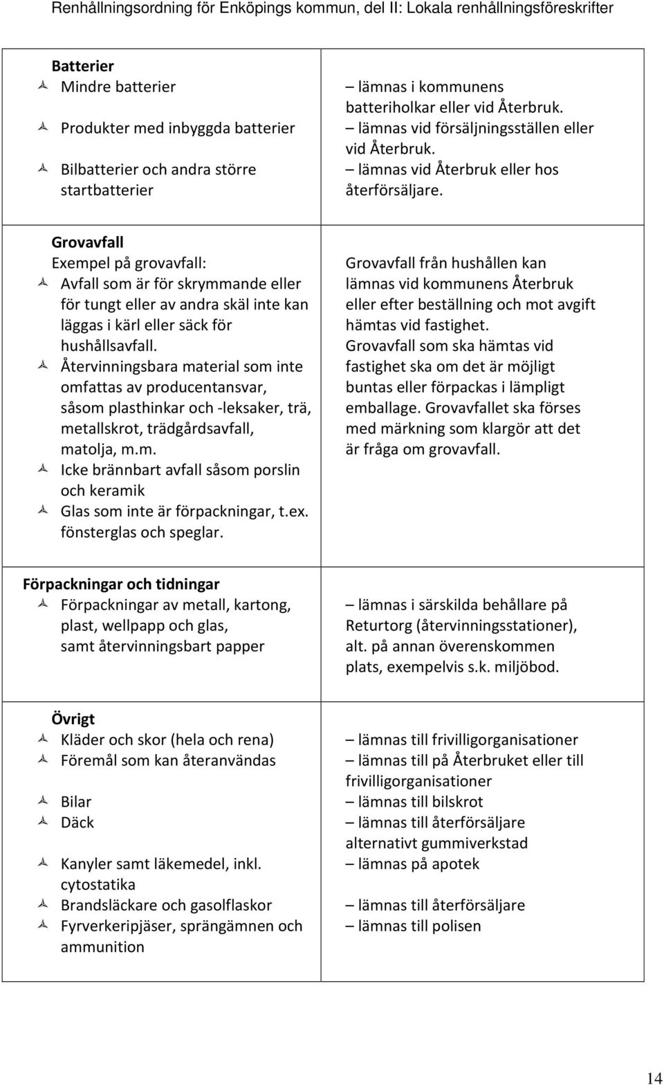 Grovavfall Exempel på grovavfall: Avfall som är för skrymmande eller för tungt eller av andra skäl inte kan läggas i kärl eller säck för hushållsavfall.