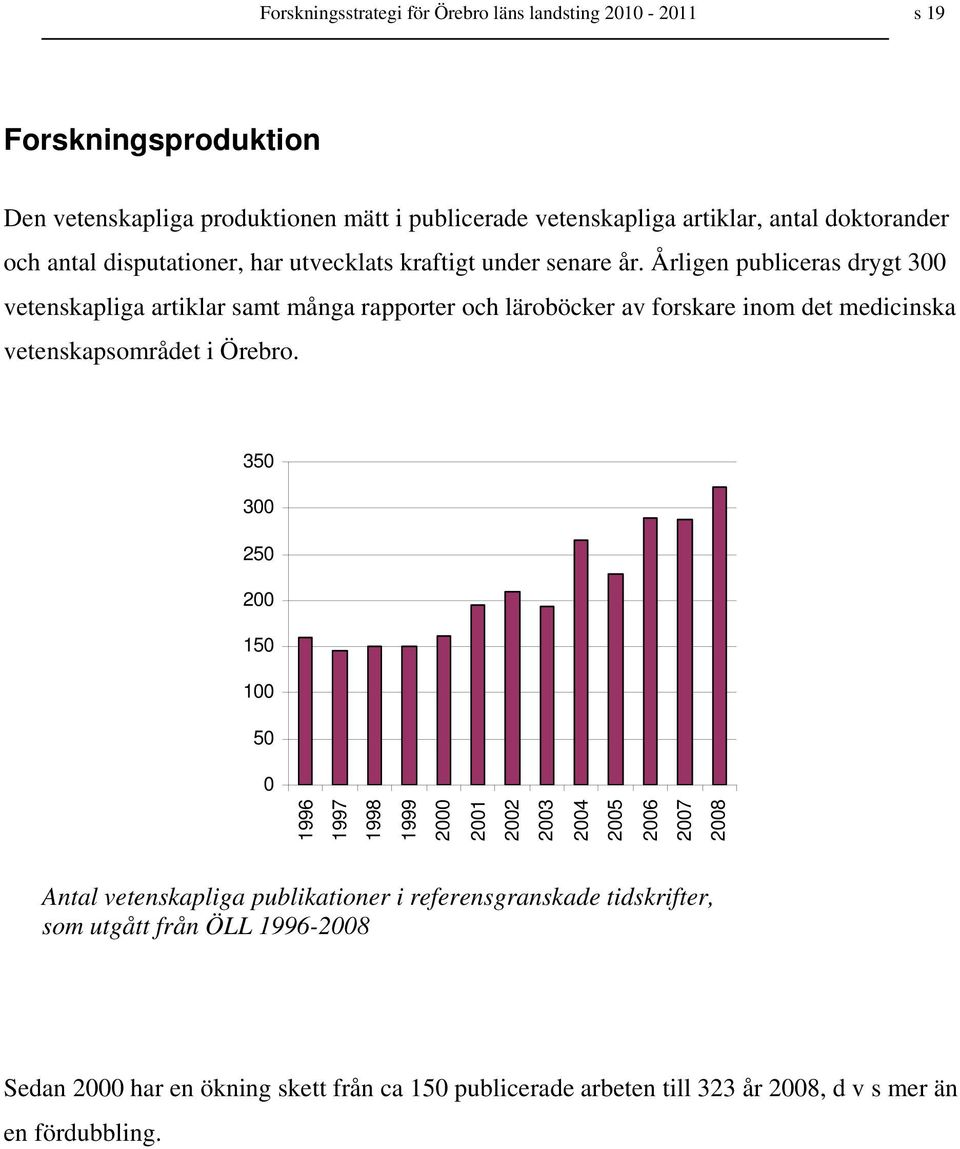 Årligen publiceras drygt 300 vetenskapliga artiklar samt många rapporter och läroböcker av forskare inom det medicinska vetenskapsområdet i Örebro.