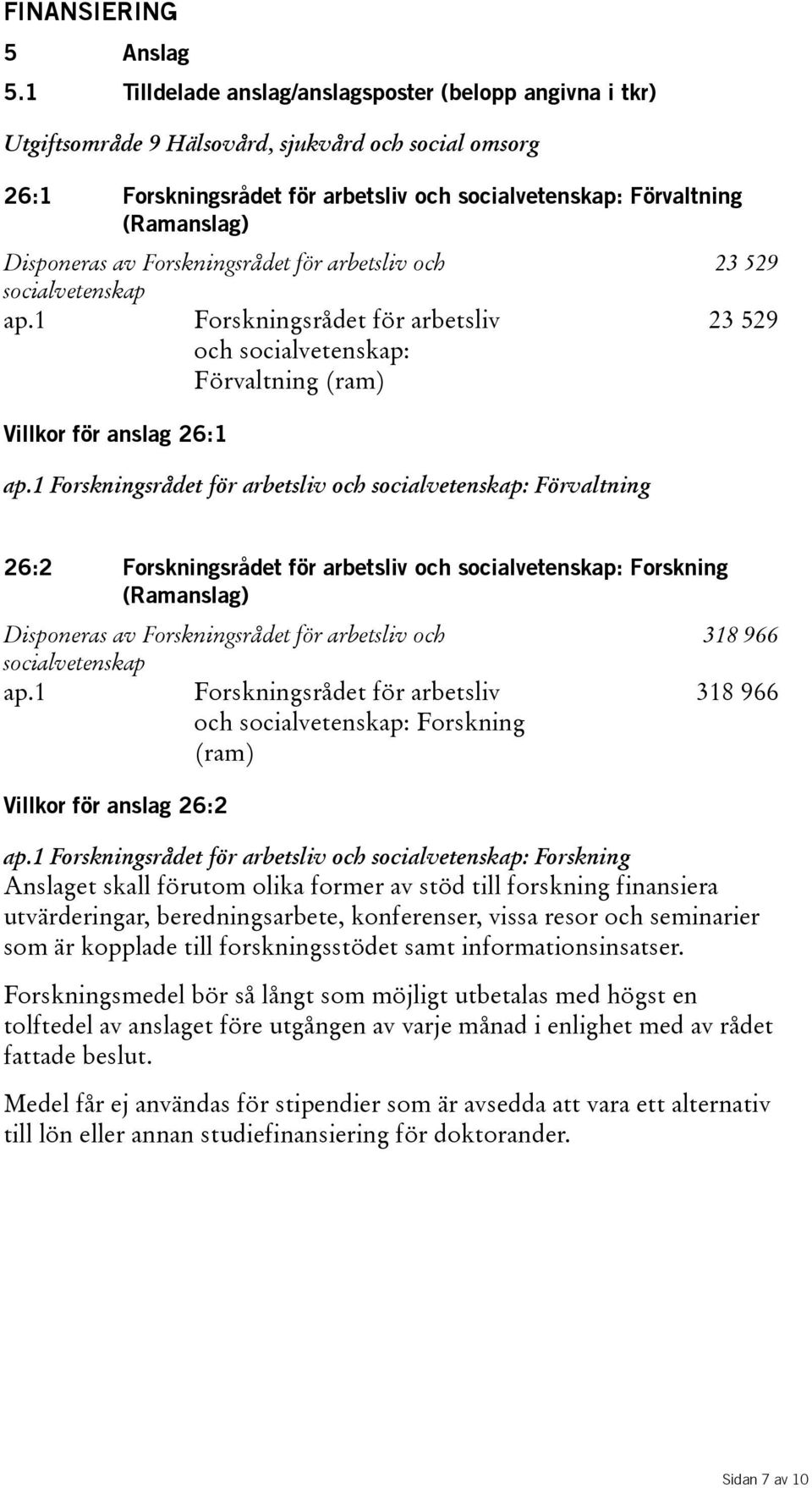 Disponeras av Forskningsrådet för arbetsliv och socialvetenskap ap.1 Forskningsrådet för arbetsliv och socialvetenskap: Förvaltning(ram) Villkor för anslag 26:1 ap.