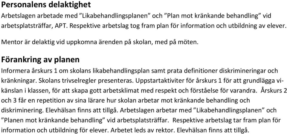 Förankring av planen Informera årskurs 1 om skolans likabehandlingsplan samt prata definitioner diskrimineringar och kränkningar. Skolans trivselregler presenteras.