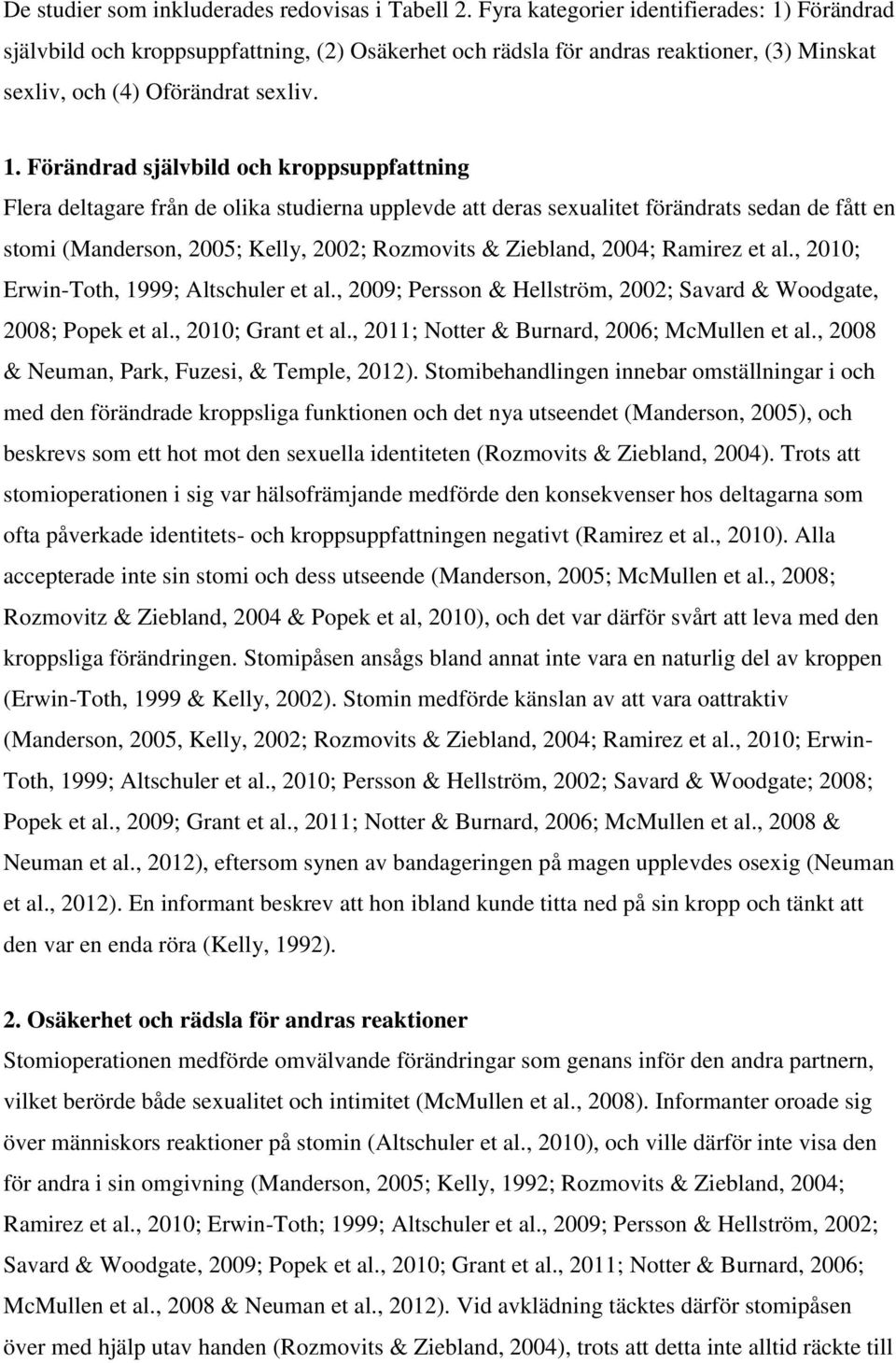 Förändrad självbild och kroppsuppfattning, (2) Osäkerhet och rädsla för andras reaktioner, (3) Minskat sexliv, och (4) Oförändrat sexliv. 1.