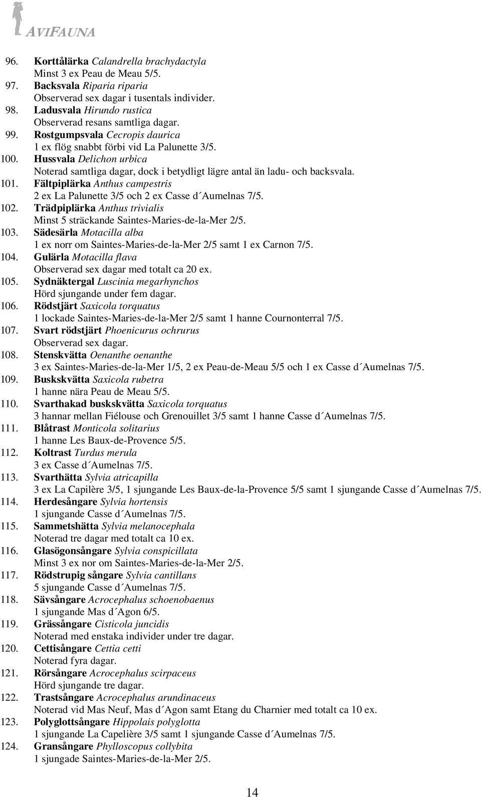Hussvala Delichon urbica Noterad samtliga dagar, dock i betydligt lägre antal än ladu- och backsvala. 101. Fältpiplärka Anthus campestris 2 ex La Palunette 3/5 och 2 ex Casse d Aumelnas 7/5. 102.