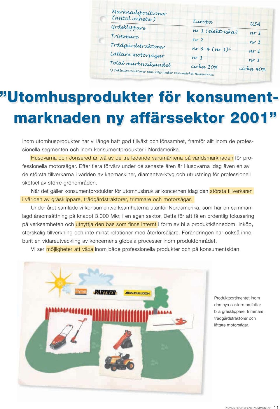 20% cirka 40% Utomhusprodukter för konsument- marknaden ny affärssektor 2001 Inom utomhusprodukter har vi länge haft god tillväxt och lönsamhet, framför allt inom de professionella segmenten och inom