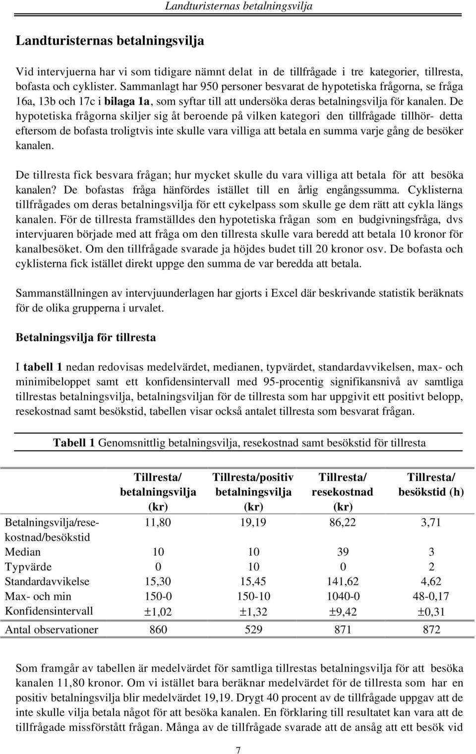 De hypotetiska frågorna skiljer sig åt beroende på vilken kategori den tillfrågade tillhör- detta eftersom de bofasta troligtvis inte skulle vara villiga att betala en summa varje gång de besöker