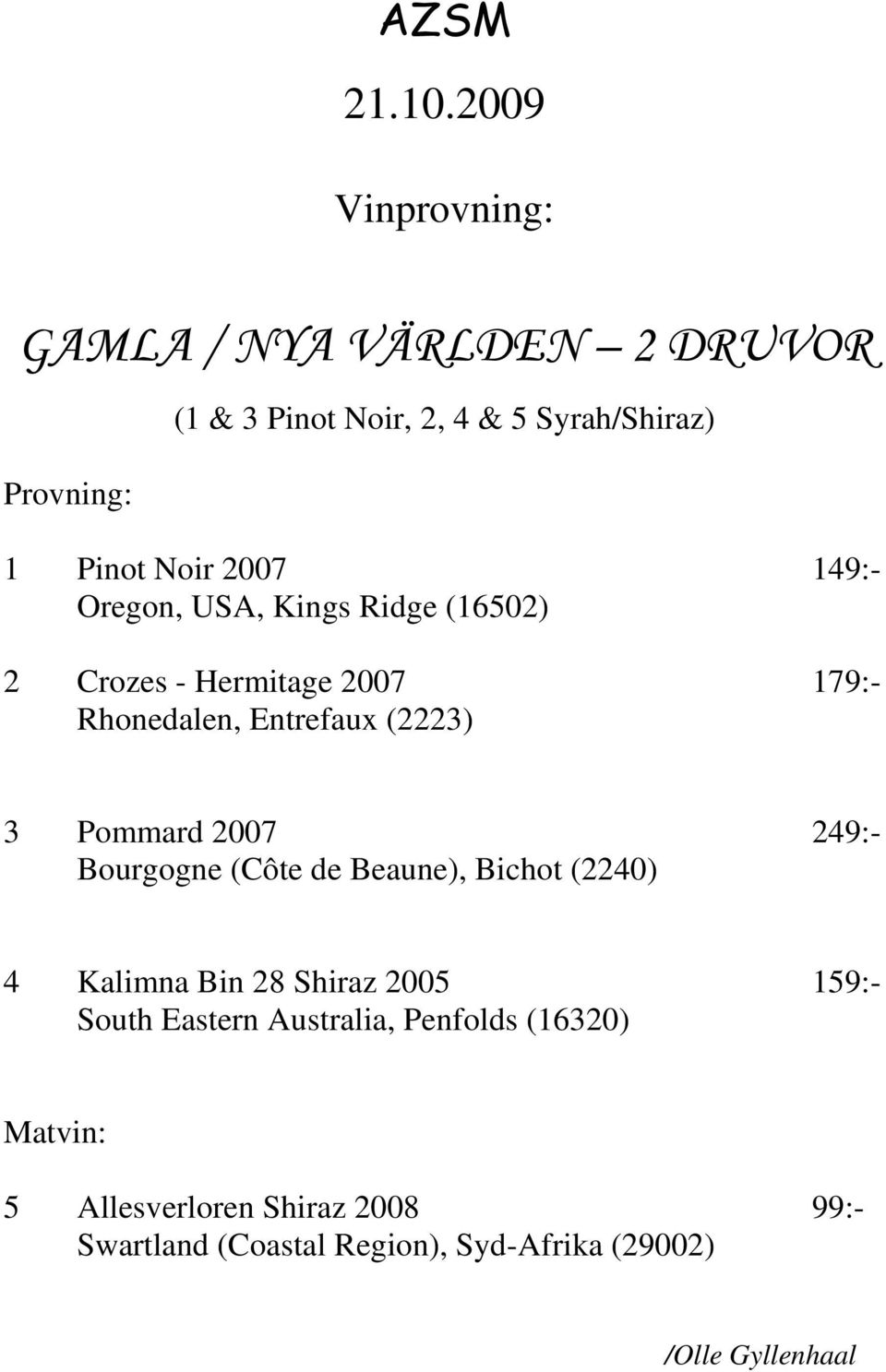 149:- Oregon, USA, Kings Ridge (16502) 2 Crozes - Hermitage 2007 179:- Rhonedalen, Entrefaux (2223) 3 Pommard 2007