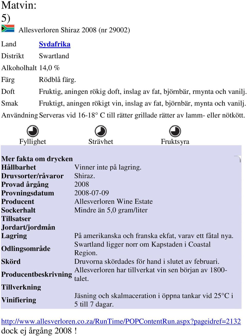 Mer fakta om drycken Hållbarhet Vinner inte på lagring. Druvsorter/råvaror Shiraz.