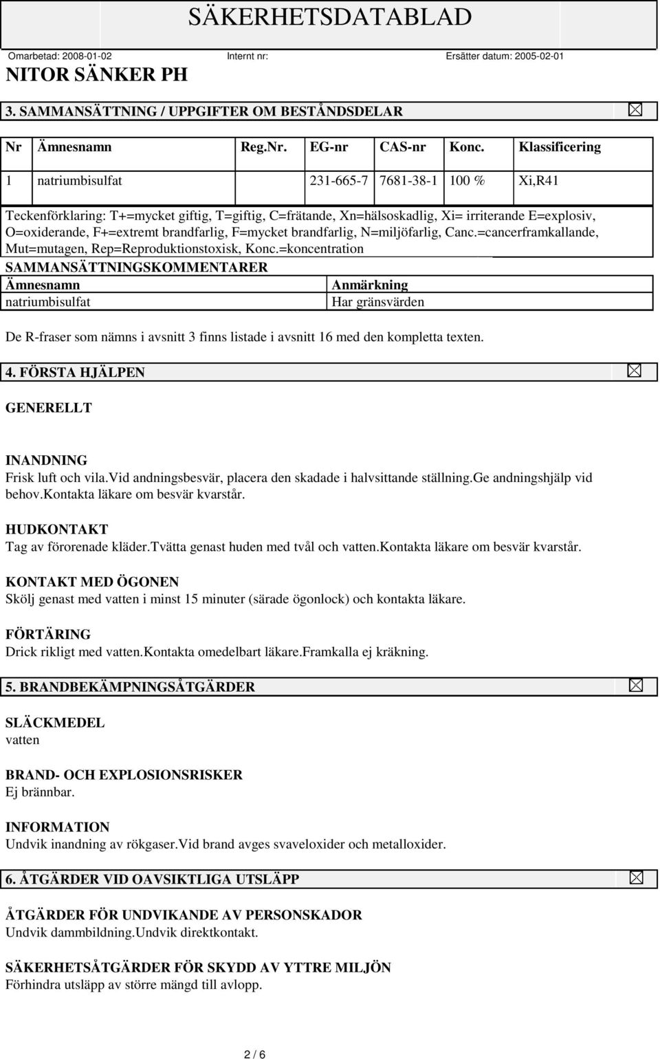 brandfarlig, F=mycket brandfarlig, N=miljöfarlig, Canc.=cancerframkallande, Mut=mutagen, Rep=Reproduktionstoxisk, Konc.