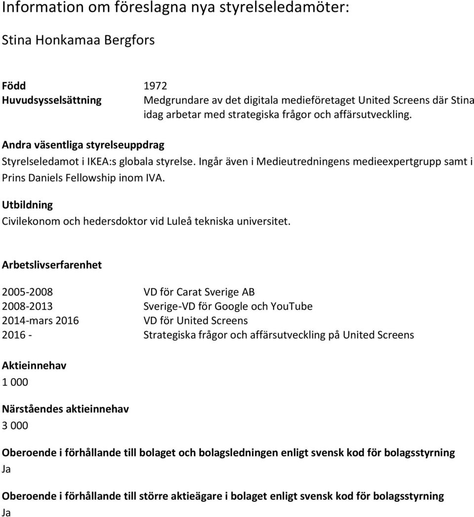 Ingår även i Medieutredningens medieexpertgrupp samt i Prins Daniels Fellowship inom IVA.