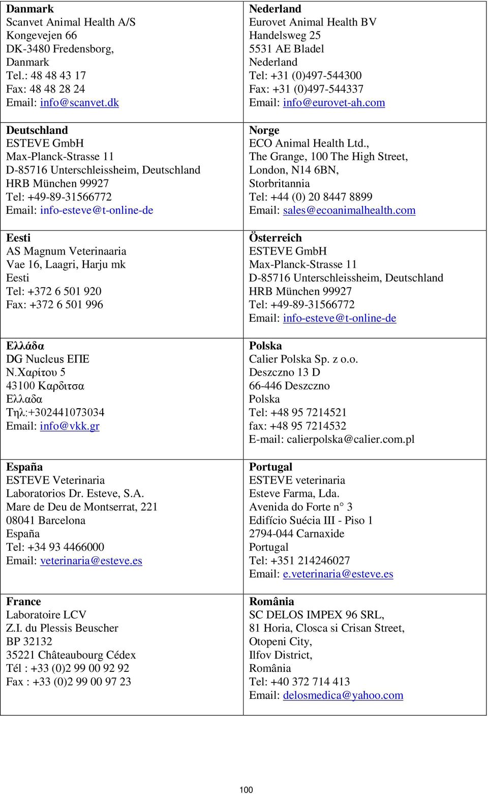Laagri, Harju mk Eesti Tel: +372 6 501 920 Fax: +372 6 501 996 Ελλάδα DG Nucleus ΕΠΕ N.Χαρίτου 5 43100 Καρδιτσα Ελλαδα Τηλ:+302441073034 Email: info@vkk.gr España ESTEVE Veterinaria Laboratorios Dr.