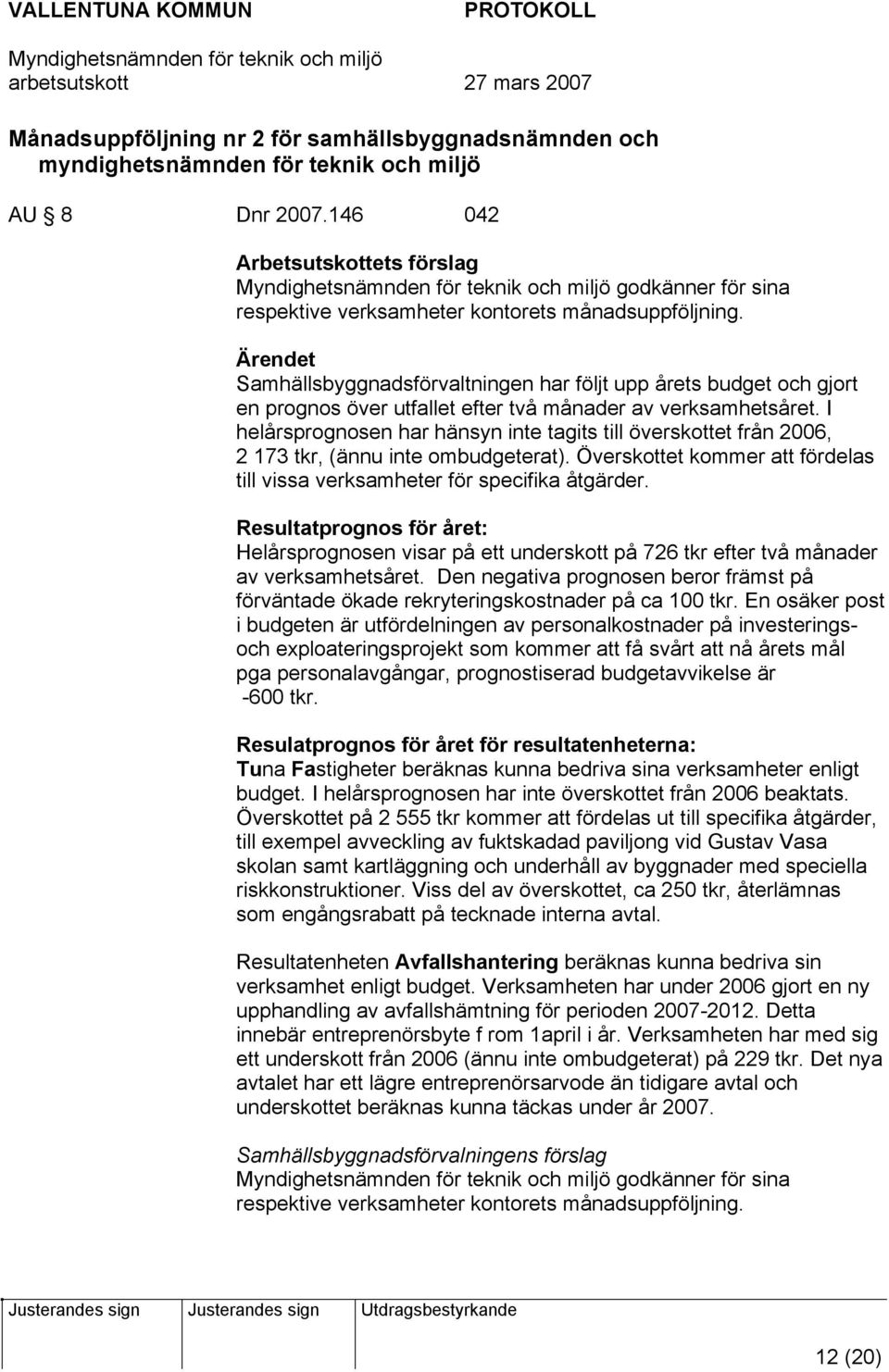 Ärendet Samhällsbyggnadsförvaltningen har följt upp årets budget och gjort en prognos över utfallet efter två månader av verksamhetsåret.