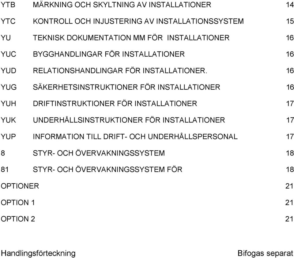 16 YUG SÄKERHETSINSTRUKTIONER FÖR INSTALLATIONER 16 YUH DRIFTINSTRUKTIONER FÖR INSTALLATIONER 17 YUK UNDERHÅLLSINSTRUKTIONER FÖR INSTALLATIONER