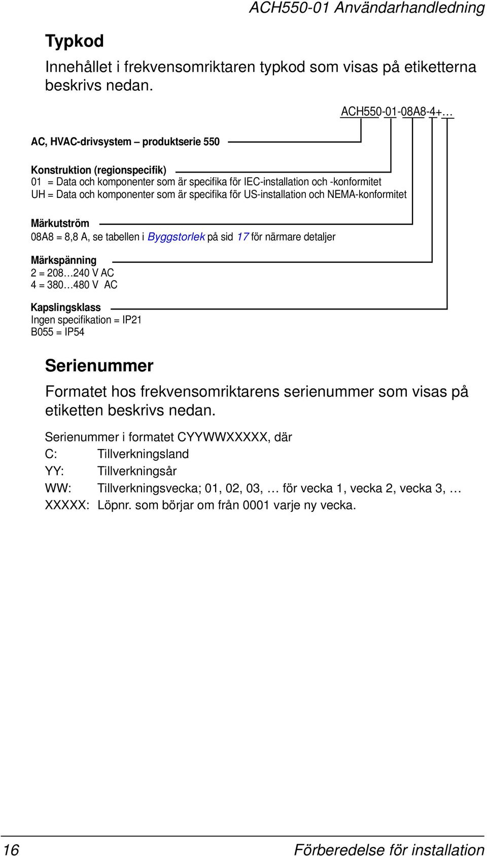 komponenter som är specifika för US-installation och NEMA-konformitet Märkutström 08A8 = 8,8 A, se tabellen i Byggstorlek på sid 17 för närmare detaljer Märkspänning 2 = 208 240 V AC 4 = 380 480 V AC