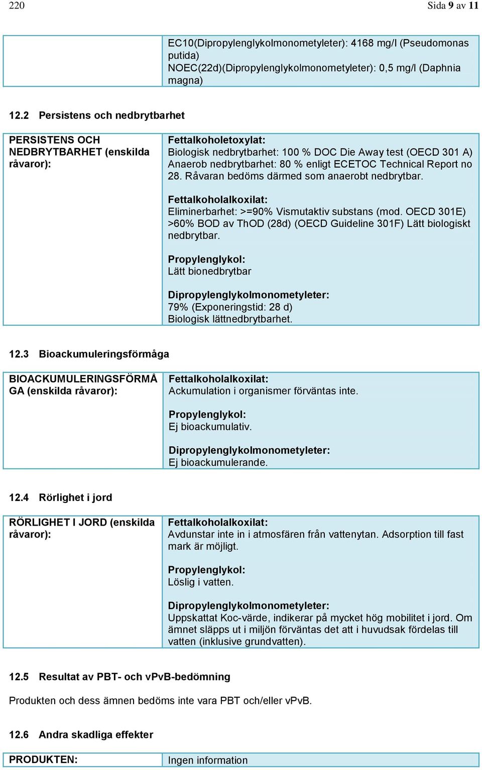 ECETOC Technical Report no 28. Råvaran bedöms därmed som anaerobt nedbrytbar. Fettalkoholalkoxilat: Eliminerbarhet: >=90% Vismutaktiv substans (mod.