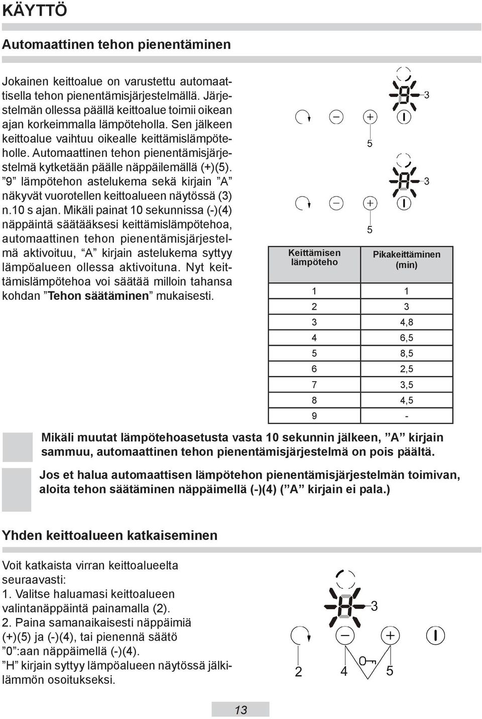 Automaattinen tehon pienentämisjärjestelmä kytketään päälle näppäilemällä (+)(5). 9 lämpötehon astelukema sekä kirjain A näkyvät vuorotellen keittoalueen näytössä (3) n.10 s ajan.