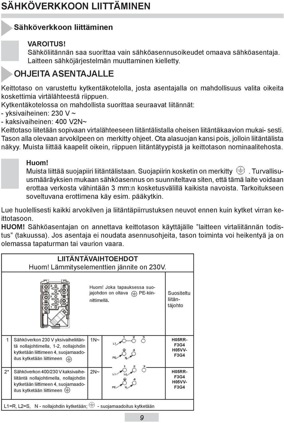 Kytkentäkotelossa on mahdollista suorittaa seuraavat liitännät: - yksivaiheinen: 230 V ~ - kaksivaiheinen: 400 V2N~ Keittotaso liitetään sopivaan virtalähteeseen liitäntälistalla oheisen