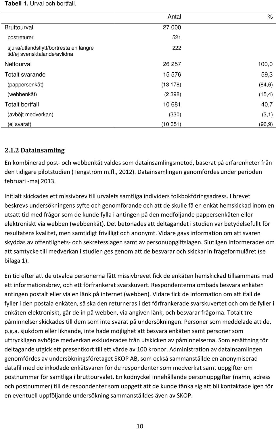 (webbenkät) (2 398) (15,4) Totalt bortfall 10 681 40,7 (avböjt medverkan) (330) (3,1) (ej svarat) (10 351) (96,9) 222 2.1.2 Datainsamling En kombinerad post- och webbenkät valdes som datainsamlingsmetod, baserat på erfarenheter från den tidigare pilotstudien (Tengström m.