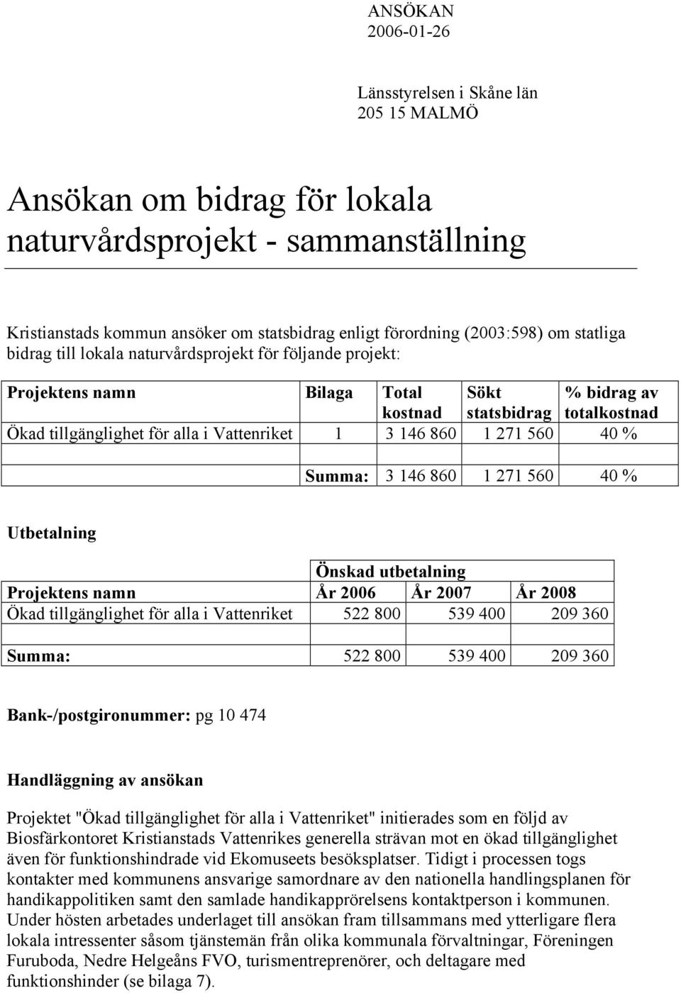 860 1 271 560 40 % Summa: 3 146 860 1 271 560 40 % Utbetalning Önskad utbetalning Projektens namn År 2006 År 2007 År 2008 Ökad tillgänglighet för alla i Vattenriket 522 800 539 400 209 360 Summa: 522